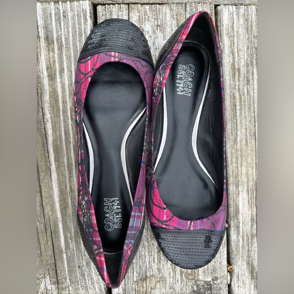 Pink Purple And Black Plaid Sequined Coach Flats Size 7 - Picture 3 of 6